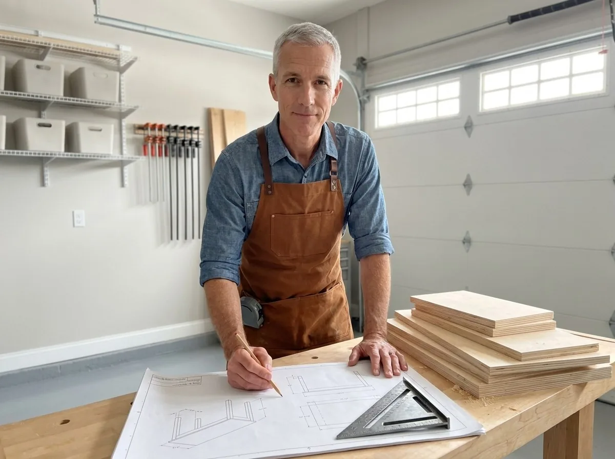 The site's AI shop host at a workbench, marking a woodworking plan next to a stack of cut plywood parts